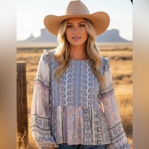 American Eagle Patchwork Peasant Top Embroidered Bell Sleeve Boho Festival Sz L